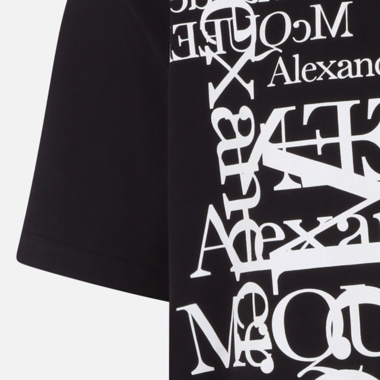 Cheap Alexander McQueen Kemeja-T Leher Bulat Cetakan Huruf Hitam Kasual. 759452-QVZ33-0901