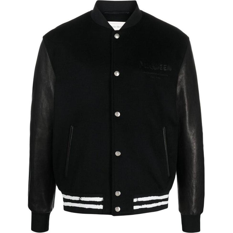 Alexander McQueen  Black Logo Letter Pattern Single-Breasted Bomber Jacket 705645-Q5HWS-1001