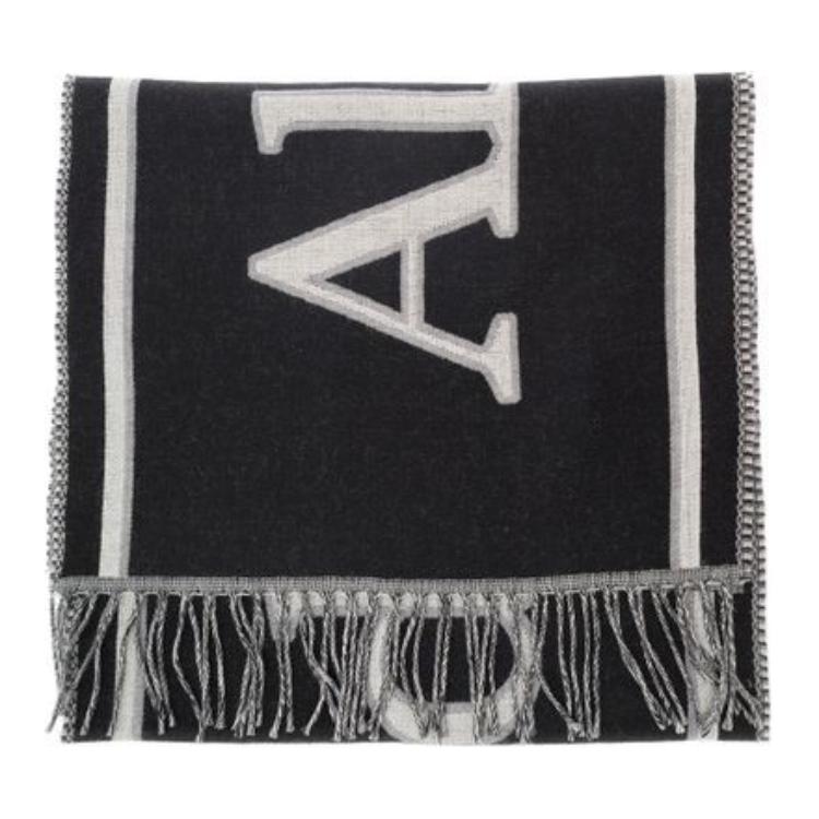 Alexander McQueen  Black Logo Print Fringe Wool Scarf. 7554244200Q1078