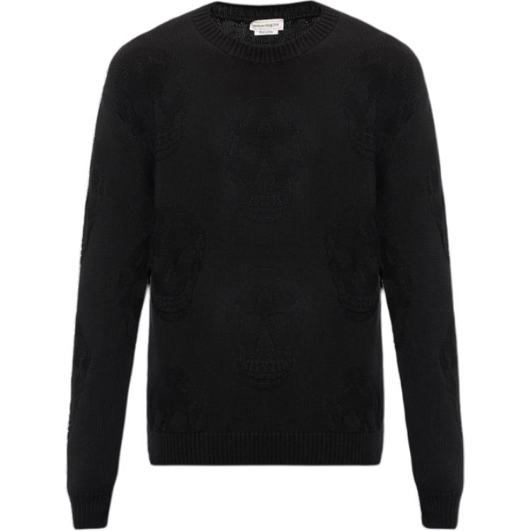 Alexander McQueen  Black Skull Print Long Sleeve Knit Pullover Sweater. 775862-Q1A71-1000