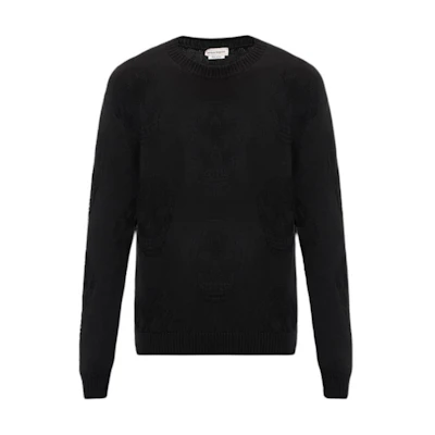 Alexander McQueen Black Skull Print Long Sleeve Knit Pullover Sweater. 775862-Q1A71-1000