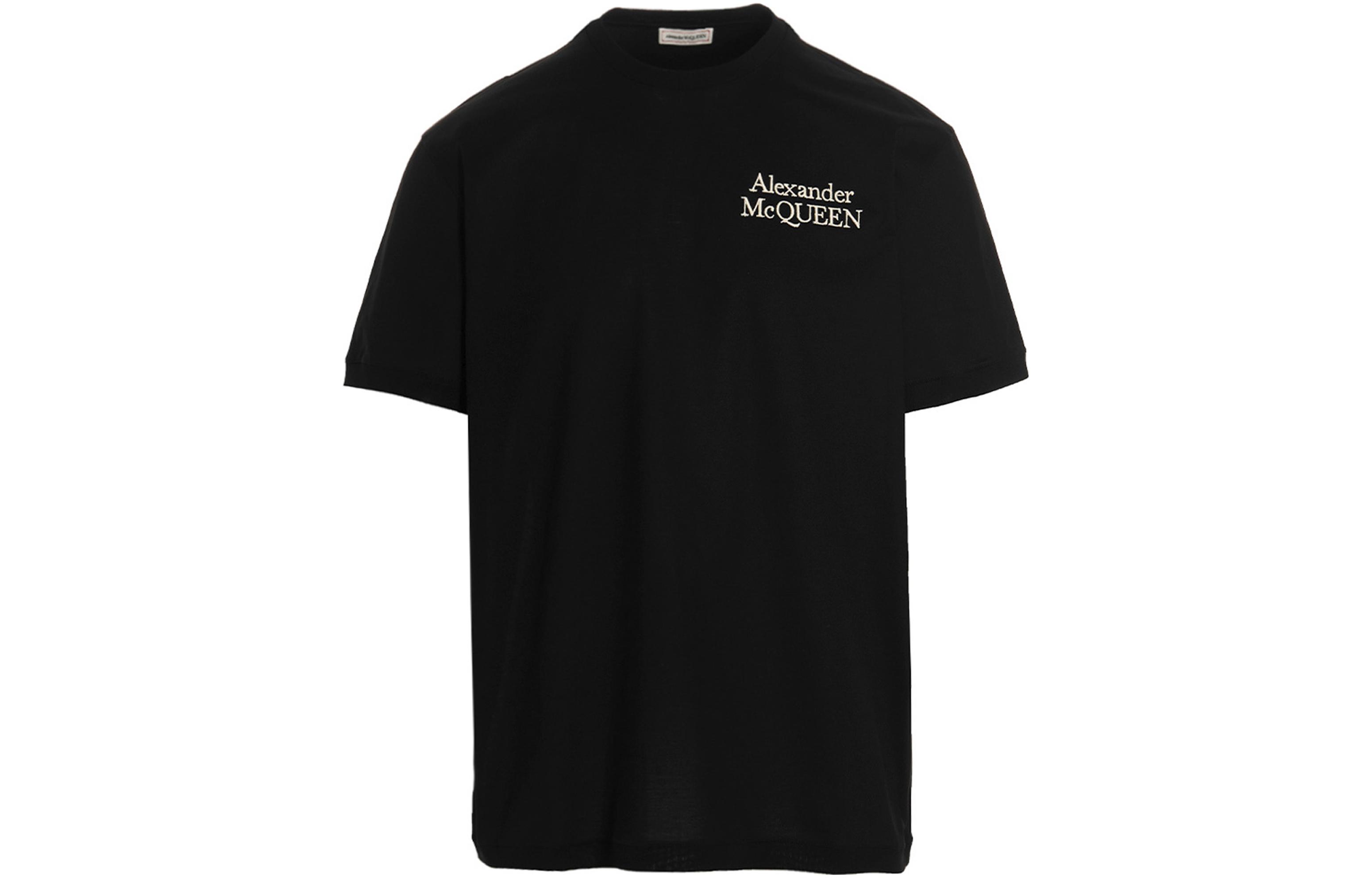 Buy Alexander McQueen  Black Solid Logo Embroidered Crew Neck T-Shirt. 682868-QTX89-1000