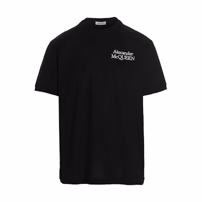 Alexander McQueen Black Solid Logo Embroidered Crew Neck T-Shirt. 682868-QTX89-1000