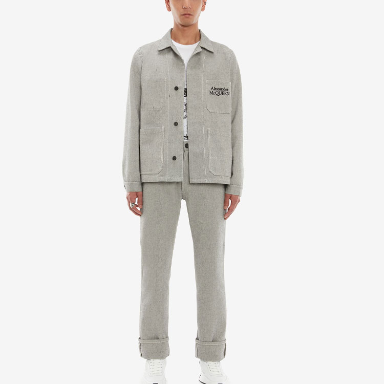 Lookbook 알렉산더 맥퀸 그레이 솔리드 캔버스 버튼 캐주얼 팬츠 687604QSY541090