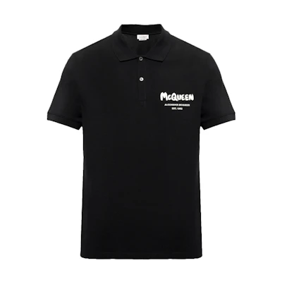 Alexander McQueen Letter Print Slim Fit Black Polo Shirt. 662551-QXAAK-1000