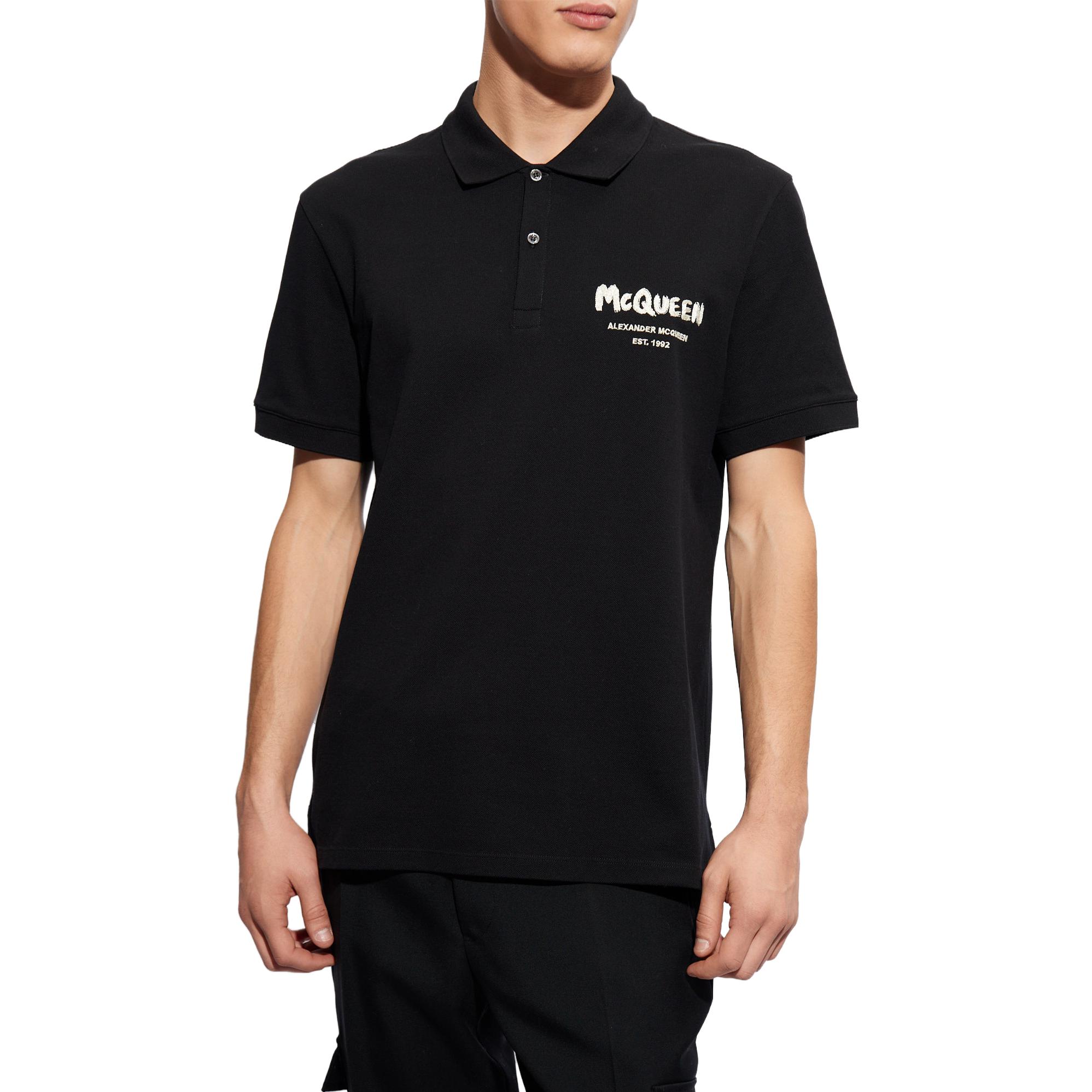 Purchase Alexander McQueen Baju Polo Slim Fit Hitam Cetakan Huruf. 662551-QXAAK-1000