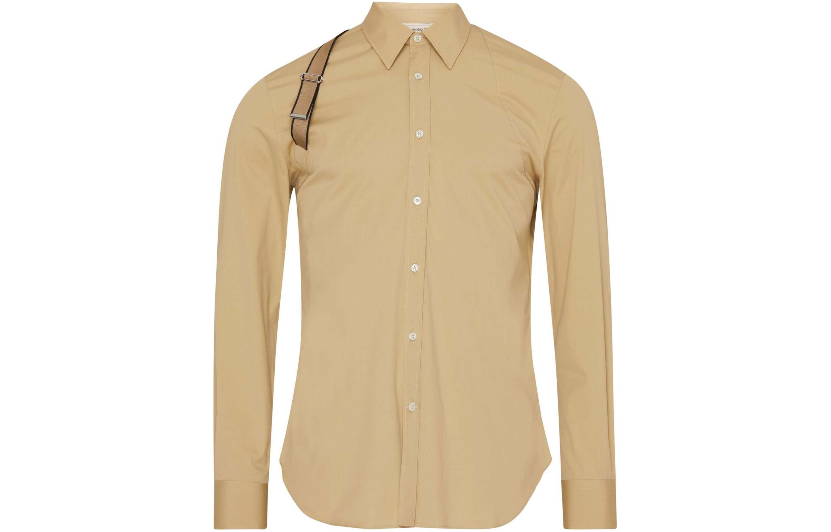 Order Alexander McQueen  Oatmeal Slim-Fit Shirt with Single Collar and Letter Strap 615271-QNAAB-9730