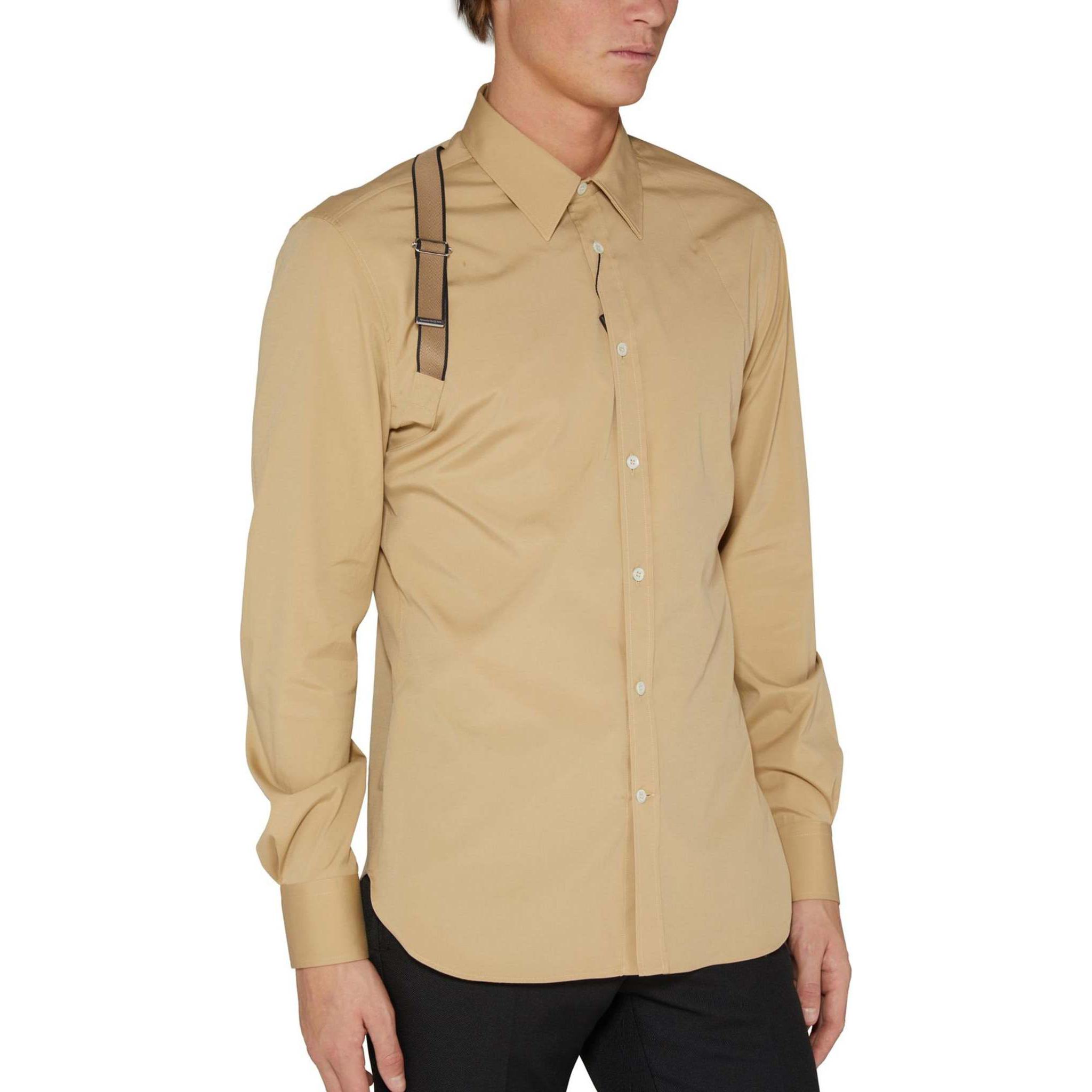 Shop Alexander McQueen  Oatmeal Slim-Fit Shirt with Single Collar and Letter Strap 615271-QNAAB-9730