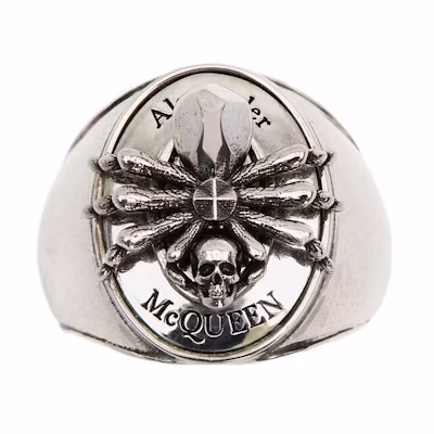 Alexander McQueen Silver Brass Ring with Spider and Skull Motif. 711072J160Y0446