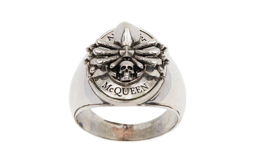 Shop Alexander McQueen  Silver Brass Ring with Spider and Skull Motif. 711072J160Y0446