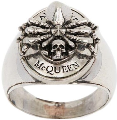 Alexander McQueen Silver Brass Ring with Spider and Skull Motif. 711072J160Y0446 Shop Alexander McQueen Silver Brass Ring with Spider and Skull Motif. 711072J160Y0446