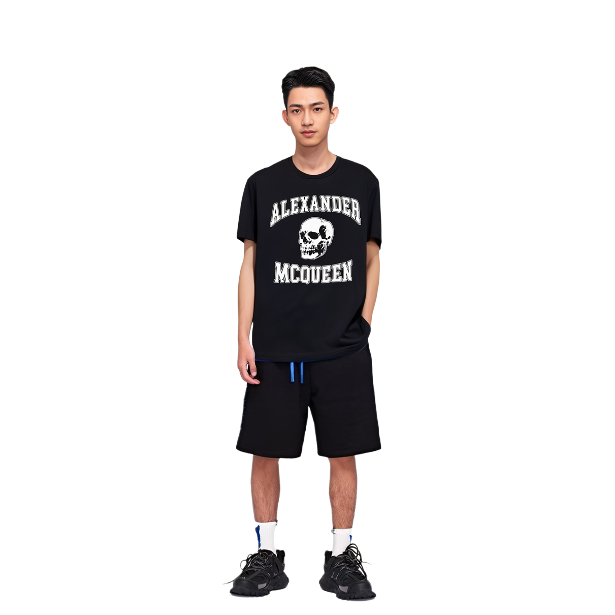 Purchase Alexander McQueen Baju-T Slim Fit Leher Bulat Cetakan Skull Hitam. 759442-QTAAW-0520