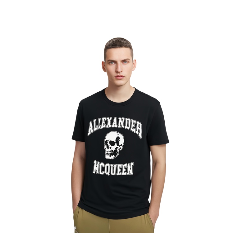 Details for Alexander McQueen Baju-T Slim Fit Leher Bulat Cetakan Skull Hitam. 759442-QTAAW-0520
