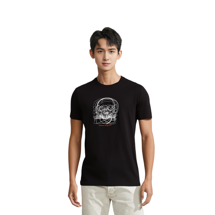 Lookbook 알렉산더 맥퀸 슬림 핏 크루넥 블랙 티셔츠. 750672-QVZ18-0901