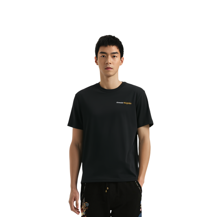 Shop Alexander McQueen  Solid Black Crewneck T-Shirt 776281-QXAAB-0552