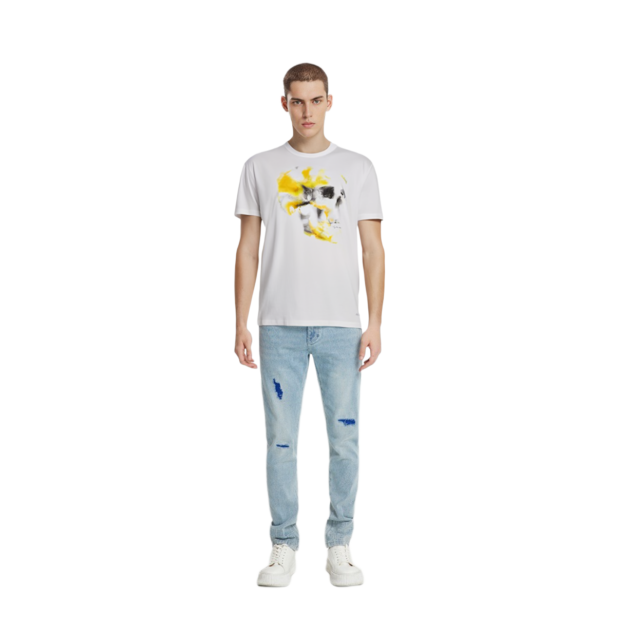 Shop Alexander McQueen  White Crewneck Skull Print T-Shirt 776336-QTAAL-0962
