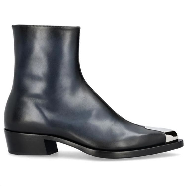 Order Alexander McQueen 亞歷山大·麥昆 牛皮 尖頭拉鍊 短靴 黑銀色