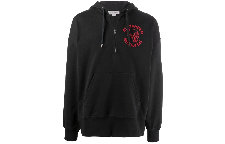 Alexander McQueen Black Half-Zip Hoodie with Skull Print. 662023-QRZ2A-0901