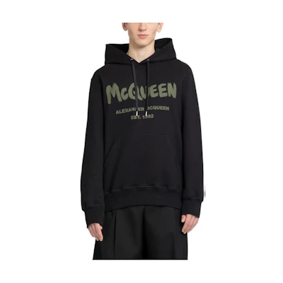 Alexander McQueen Black Logo Hoodie Pullover Fit Long-Sleeve Sweater 688715-QTAAB-0519