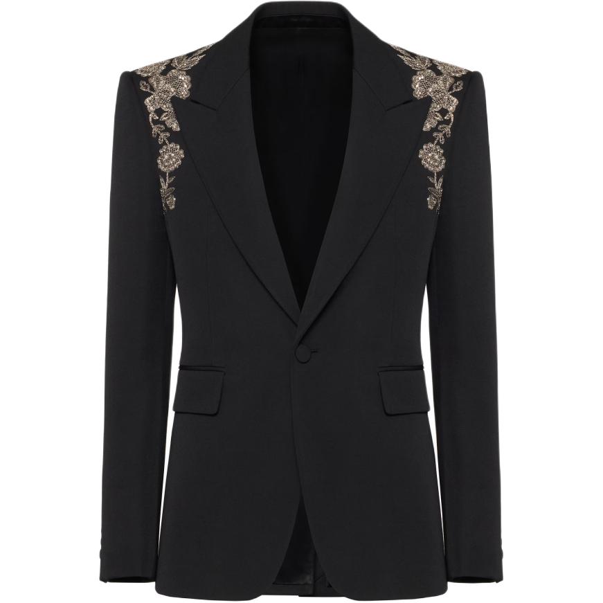 Alexander McQueen Black Single-Breasted Embroidered Long Sleeve Jacket 794242-QUAAG-1000