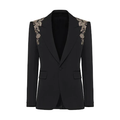 Alexander McQueen Black Single-Breasted Embroidered Long Sleeve Jacket 794242-QUAAG-1000