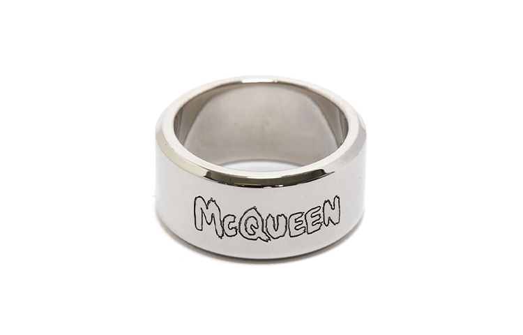 Shop Alexander McQueen Brass Letter Logo Minimalist Ring for Men 728450J160Y0446