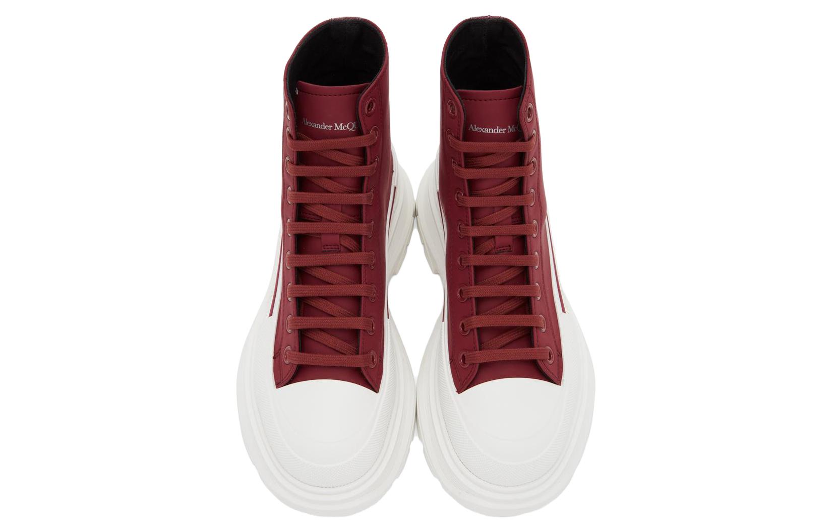 Lookbook 亞歷山大·麥昆 帆布 舒適百搭圓頭系帶增高厚底 短中筒 馬丁靴 男款 紅白色