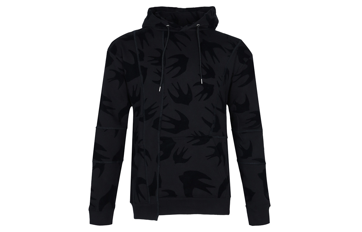 Alexander McQueen Classic Swallow Cotton Drawstring Hoodie Black Mens 519432-RLR36-1000