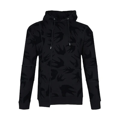 Alexander McQueen Classic Swallow Cotton Drawstring Hoodie Black Mens 519432-RLR36-1000