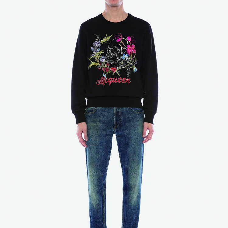 Lookbook Alexander McQueen 解構式花卉骷髏黑色衛衣 626588QPZ750901