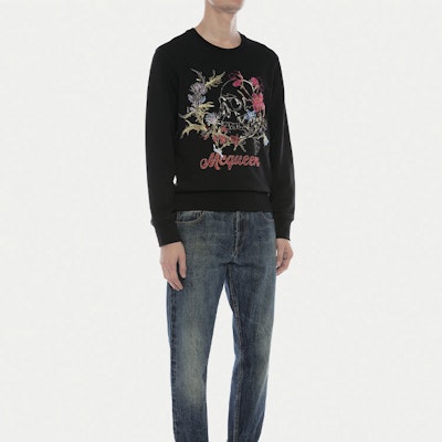 Alexander McQueen 解構式花卉骷髏黑色衛衣 626588QPZ750901 Shop Alexander McQueen 解構式花卉骷髏黑色衛衣 626588QPZ750901