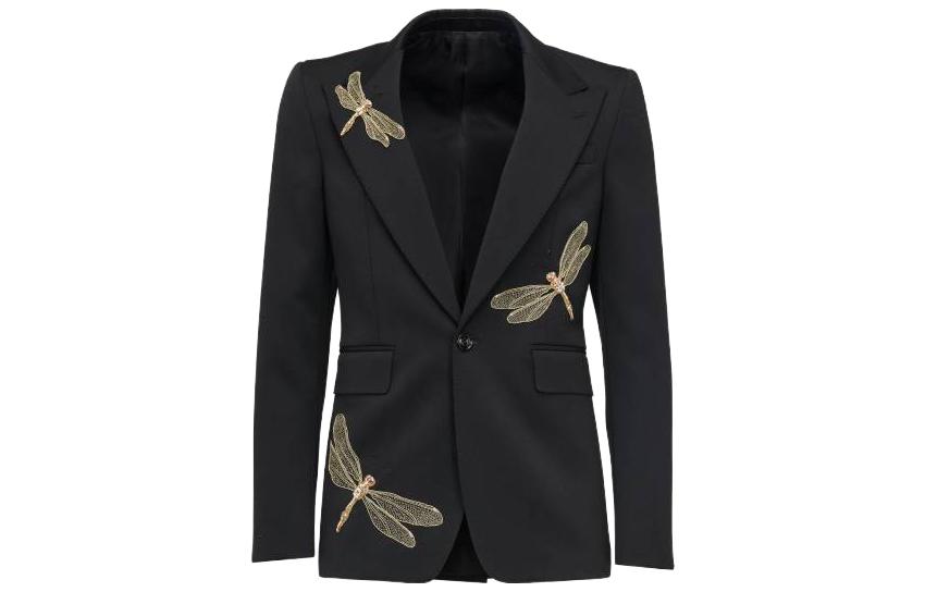 Alexander McQueen Dragonfly Applique Single-Breasted Black Jacket 774912-QVAAA-1000