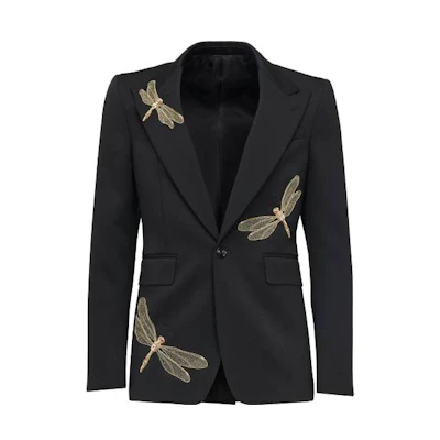 Alexander McQueen Dragonfly Applique Single-Breasted Black Jacket 774912-QVAAA-1000