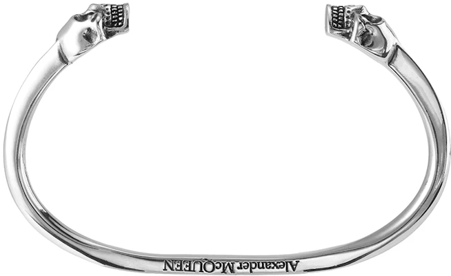 Alexander McQueen Dual Skull Open Design Small Brass Silver Bracelet for Men. 554482-J160I-0446 Details for Alexander McQueen Dual Skull Open Design Small Brass Silver Bracelet for Men. 554482-J160I-0446