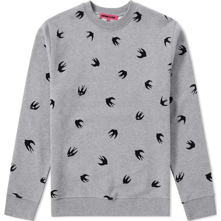 Alexander McQueen Flocked Swallow Crewneck Sweatshirt Grey 348190-RIT69-1244