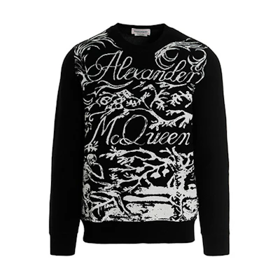 Alexander McQueen FW21 Black Logo Crewneck Wool Sweater. 689556-Q1XDV-1001