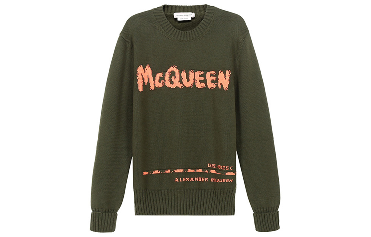 Alexander McQueen FW21 Logo Crewneck Knit Sweater Military Green. 626454Q1WZL3355