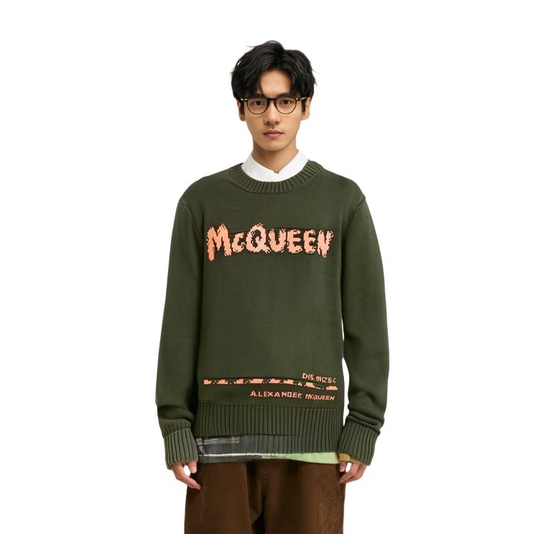 Shop Alexander McQueen FW21 Logo Crewneck Knit Sweater Hijau Tentera. 626454Q1WZL3355