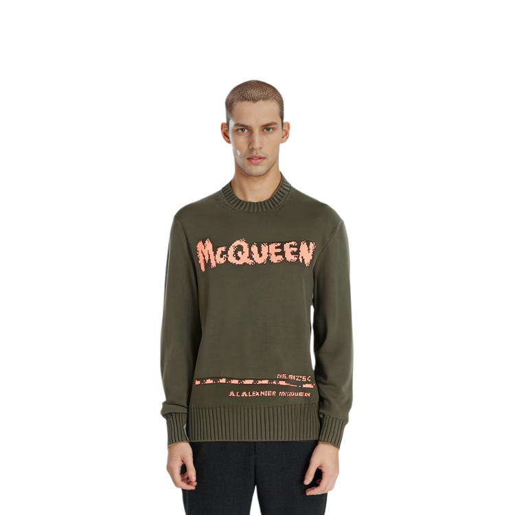 Purchase Alexander McQueen FW21 Logo Crewneck Knit Sweater Hijau Tentera. 626454Q1WZL3355