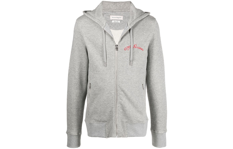 Alexander McQueen FW21 Logo Embroidered Zip Hoodie Sweatshirt Grey 599617QRX821401