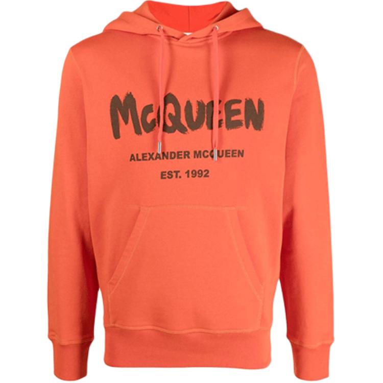 Alexander McQueen FW21 Logo Print Orange Hoodie for Men. 665401-QRZ71-0909
