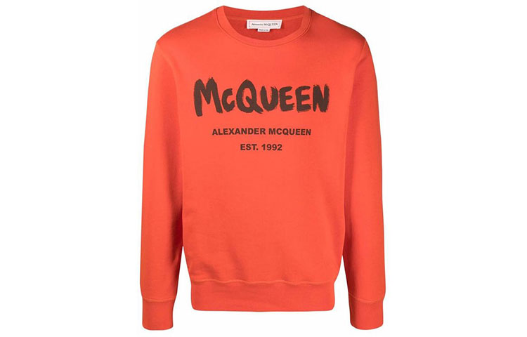 Alexander McQueen FW21 Logo Print Solid Orange Long Sleeve Sweatshirt Men 662578-QRZ71-0909