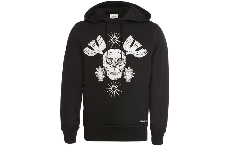 Order Alexander McQueen FW21 Hoodie Hitam Tengkorak Bersulam dengan Tali Serut 666638-QRX43-1000