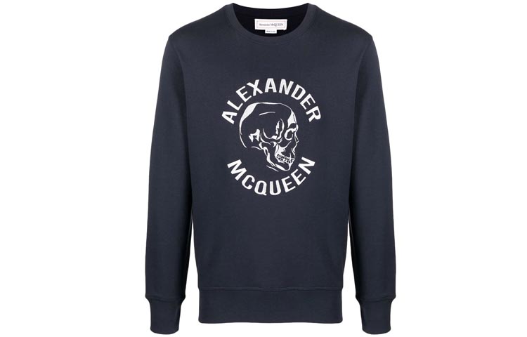 Alexander McQueen FW21 Skull Letter Embroidered Logo Pullover Sweatshirt Blue . 662584-QRX43-0903