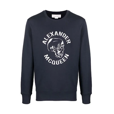Alexander McQueen FW21 Skull Letter Embroidered Logo Pullover Sweatshirt Blue . 662584-QRX43-0903