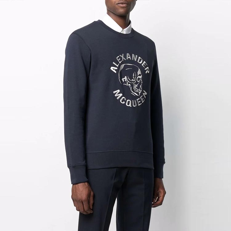 Shop Alexander McQueen 2021秋冬 骷髏字母刺繡標誌連帽衛衣 藍色 662584-QRX43-0903