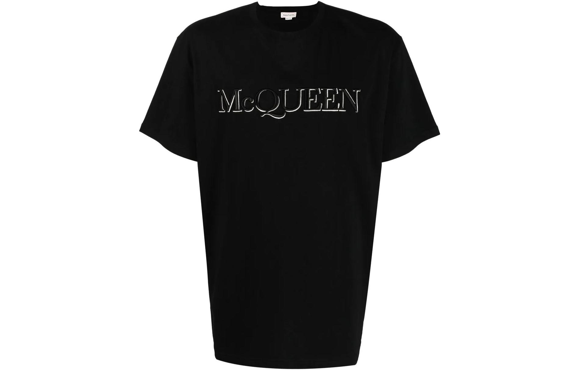 Order Alexander McQueen Baju-T Hitam Logo Cetak Lengan Pendek FW22 649876-QTZ56-0901