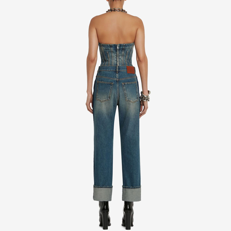 Shop Alexander McQueen FW22 藍色縫線細節牛仔束胸上衣 732924-QMACC-4251