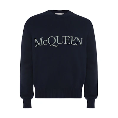 Alexander McQueen FW22 Embroidered Crewneck Sweatshirt Navy Blue 651184Q1XAY4064