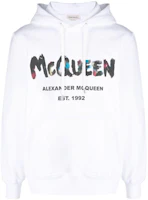 Alexander McQueen FW22 Graffiti Logo Print White Pullover Hoodie for Men 727687-QUZ36-0900 Alexander McQueen FW22 Graffiti Logo Print White Pullover Hoodie for Men 727687-QUZ36-0900